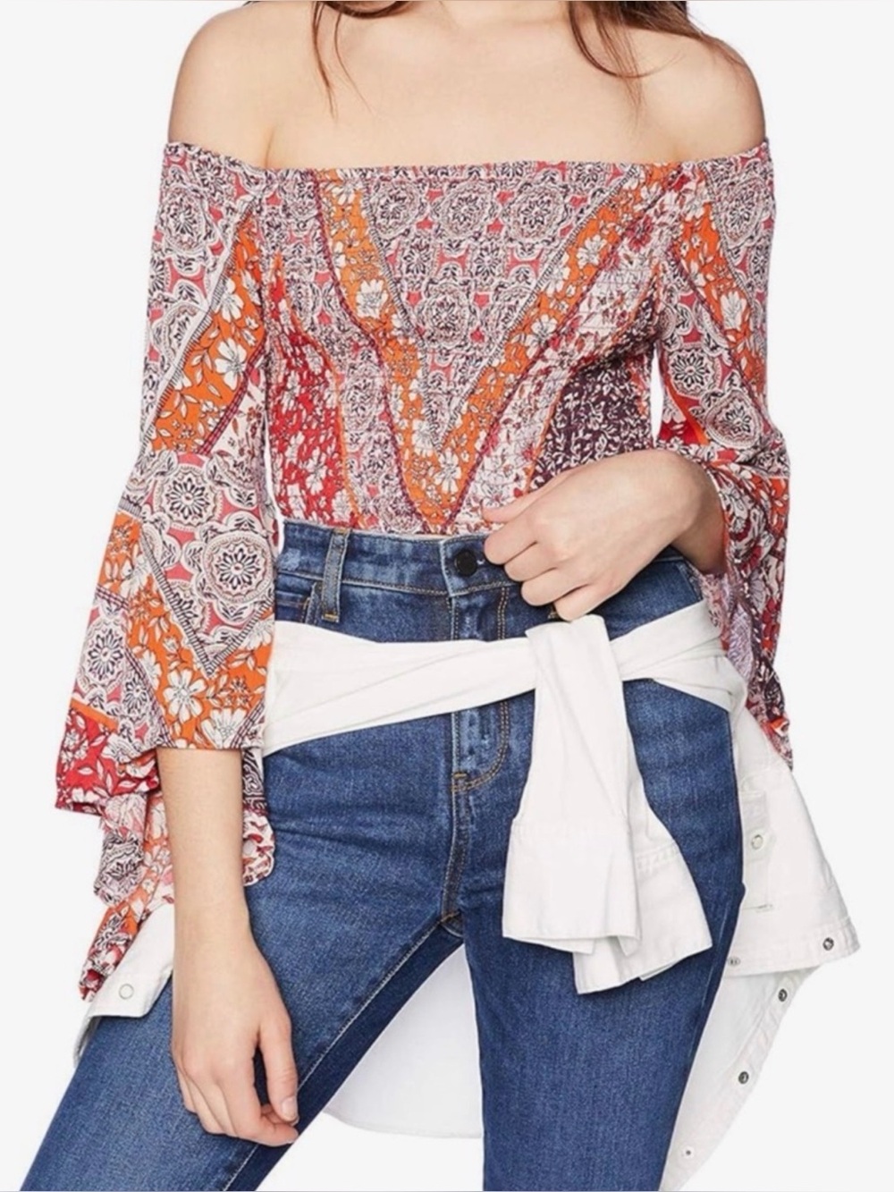Angie Orange Multi Floral Off-Shoulder Crop Top